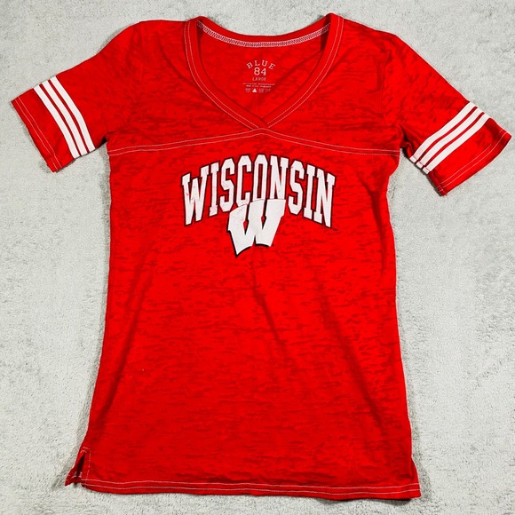 Blue 84 Tops - Blue 84 Wisconsin Badgers T-Shirt Women Large Red Burnout V-Neck‎ Jersey Style